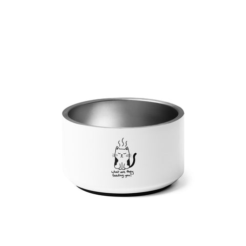 White 18 oz stainless steel pet bowl – original What’s for Dinner grumpy cat front graphic – mockup 1 – ZIPZAPPA
