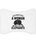 Elephant Lover bone-shaped 19 by 14 inch pet feeding mat with centred original elephant and woman-who-loves-elephants typography – view 1