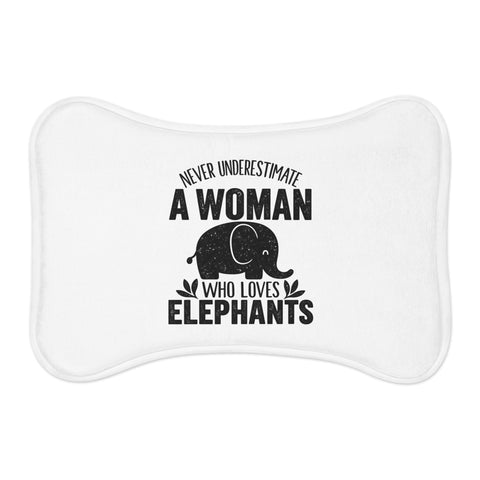Elephant Lover bone-shaped 19 by 14 inch pet feeding mat with centred original elephant and woman-who-loves-elephants typography – view 1