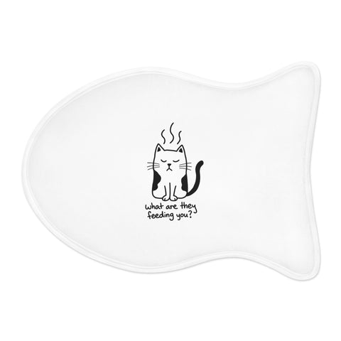 Dinner Critic Cat white fish-shaped pet feeding mat with complete grumpy cat and what are they feeding you lettering centred inside the edges