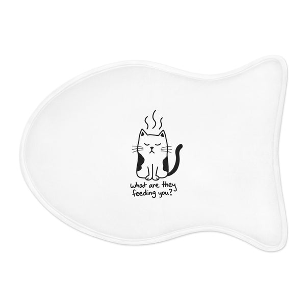 Dinner Critic Cat white fish-shaped pet feeding mat with complete grumpy cat and what are they feeding you lettering centred inside the edges