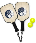 Celestial Balance wooden pickleball set with complete navy sun-and-moon yin-yang artwork on light paddles – view 3