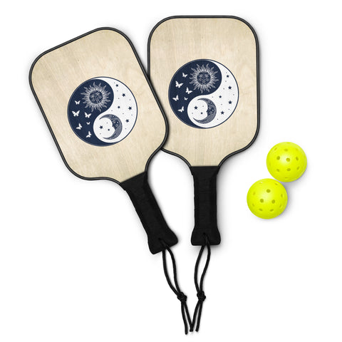 Celestial Balance wooden pickleball set with complete navy sun-and-moon yin-yang artwork on light paddles – view 3
