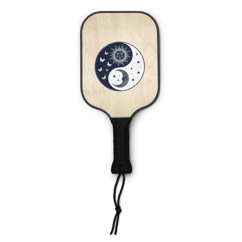 Celestial Balance wooden pickleball set with complete navy sun-and-moon yin-yang artwork on light paddles – view 1