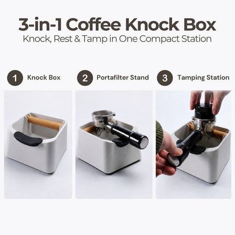 The Pod 3-in-1 Espresso Knock Box with Portafilter Stand & Oak Wood Knock Bar