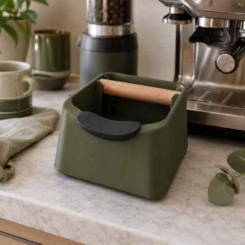 The Pod 3-in-1 Espresso Knock Box with Portafilter Stand & Oak Wood Knock Bar
