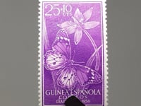 1958 25+10 spanische Céntimos Spanisch-Guinea-Stempel Afrikanischer Monarch (Danaus chrysippus) Blumen Schmetterlinge