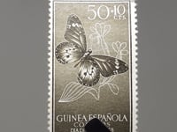 1958 50+10 spanische Céntimos Spanisch-Guinea-Stempel Afrikanischer Monarch (Danaus chrysippus) Blumen Schmetterlinge