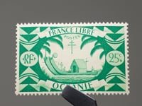 Timbre Océanie Française 1942 25 centimes français Bateau Canoë Double Ancien
