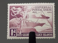 Timbre des Îles Gilbert et Ellice 1949 1 Penny Hermes, Globe et Formes de Transport