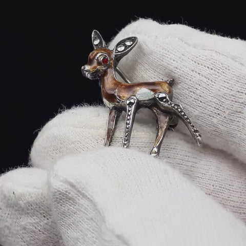 Vintage Silver Brooch Bambi Deer Enamel Marcasite
