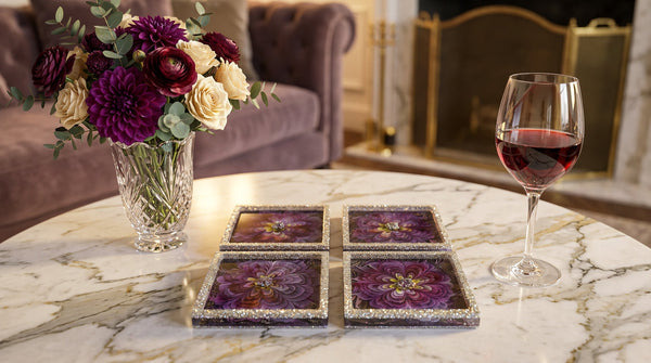 Purple 3D Bloom Square Coaster Set — Handmade Resin Art (Set of 4)