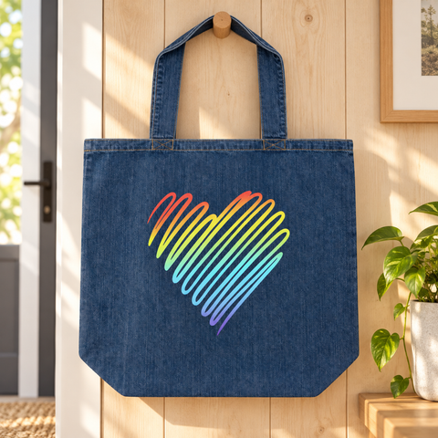Denim Blue Rainbow Heart organic cotton tote bag hanging from a wooden peg in a sunlit home entryway beside a green plant, showing one complete rainbow heart front print.