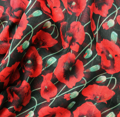 Red Poppy Floral Scarf – Lightweight Viscose – 180x90 cm