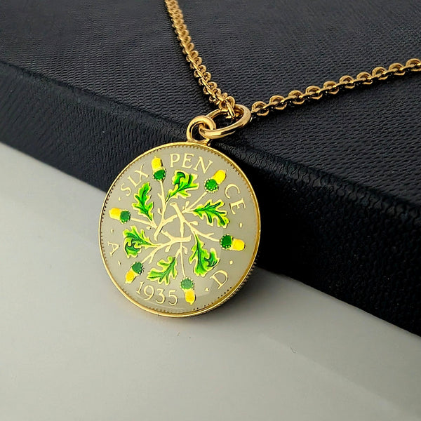 George V Sixpence (1928-1936) - Acorn Design - Enamelled Coin Necklace