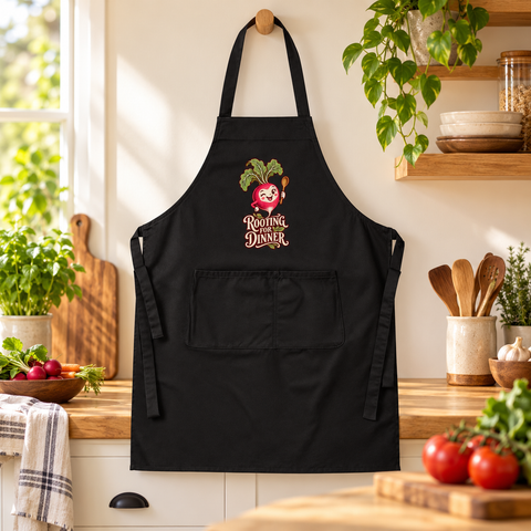 Black Rooting for Dinner organic cotton apron hanging in a sunlit kitchen beside vegetables, plants and wooden utensils.
