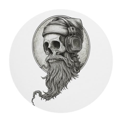 Bearded Skull DJ white round mouse pad with monochrome skull and headphones artwork – view 1