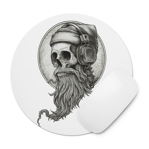 Bearded Skull DJ white round mouse pad with monochrome skull and headphones artwork – view 2