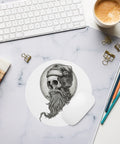 Bearded Skull DJ white round mouse pad with monochrome skull and headphones artwork – view 3