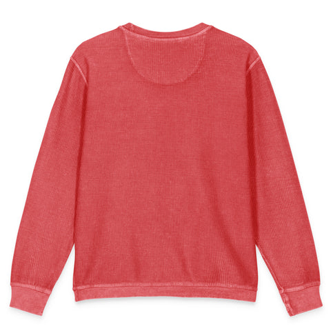 Flat-lay view of the unprinted back of the crimson Buddha Is My Homeboy cord sweatshirt.