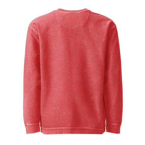 Unprinted back of the crimson Buddha Is My Homeboy oversized cord sweatshirt, showing its textured cotton fabric.