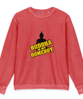 Flat-lay front view of the crimson Buddha Is My Homeboy cord sweatshirt with one chest print.
