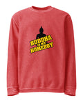 Front of the crimson Buddha Is My Homeboy oversized cord sweatshirt with one black Buddha and yellow lettering print.