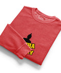 Folded crimson Buddha Is My Homeboy cord sweatshirt with part of its single chest print visible.