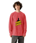Model wearing the crimson Buddha Is My Homeboy oversized cord sweatshirt, viewed from the printed front.