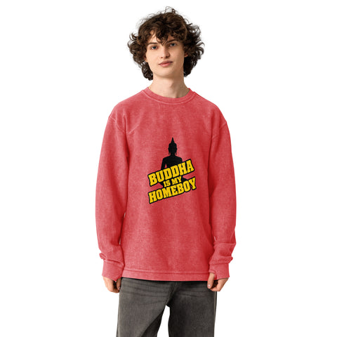 Model wearing the crimson Buddha Is My Homeboy oversized cord sweatshirt, viewed from the printed front.
