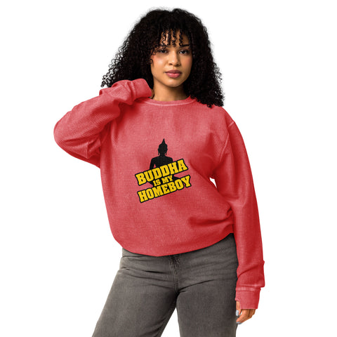 Second model wearing the crimson Buddha Is My Homeboy oversized cord sweatshirt with its single front print visible.