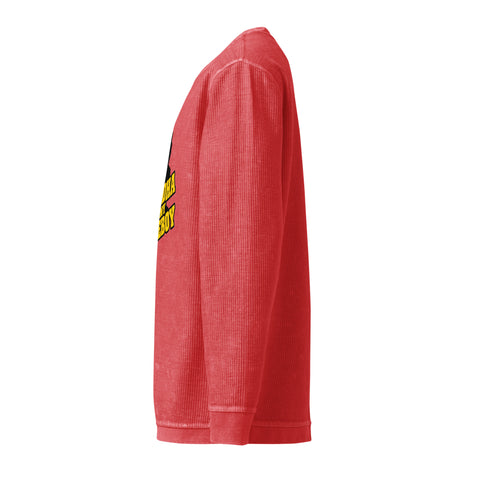 Side view of the crimson Buddha Is My Homeboy cord sweatshirt with an unprinted sleeve and the edge of its single front print.