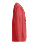 Opposite side view of the crimson Buddha Is My Homeboy cord sweatshirt, showing its unprinted sleeve and textured fabric.
