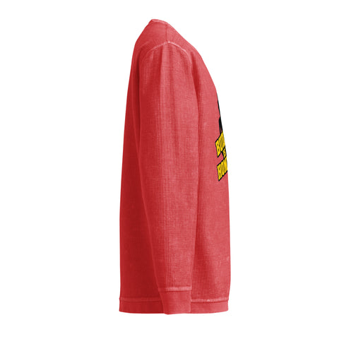 Opposite side view of the crimson Buddha Is My Homeboy cord sweatshirt, showing its unprinted sleeve and textured fabric.