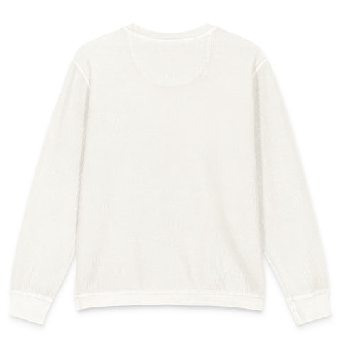 Flat-lay view of the unprinted back of the ivory Buddha Is My Homeboy cord sweatshirt.