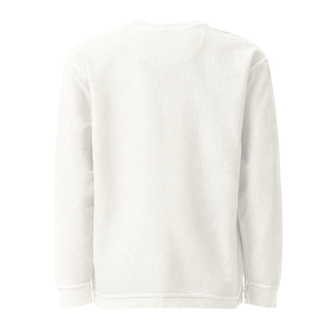 Unprinted back of the ivory Buddha Is My Homeboy oversized cord sweatshirt, showing its textured cotton fabric.