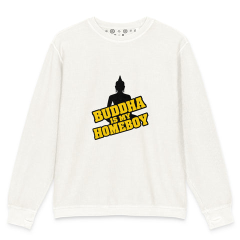 Flat-lay front view of the ivory Buddha Is My Homeboy cord sweatshirt with one chest print.