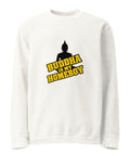 Front of the ivory Buddha Is My Homeboy oversized cord sweatshirt with one black Buddha and yellow lettering print.