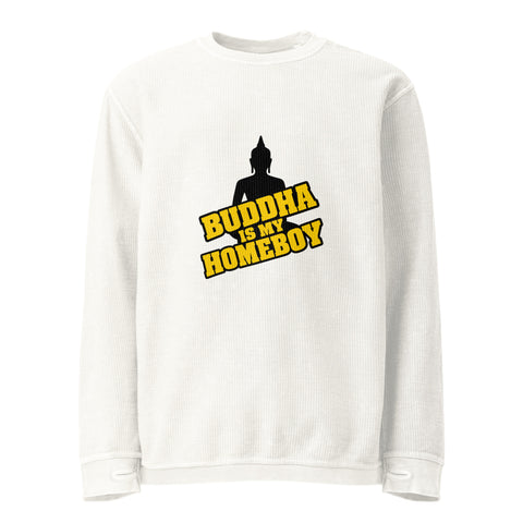 Front of the ivory Buddha Is My Homeboy oversized cord sweatshirt with one black Buddha and yellow lettering print.