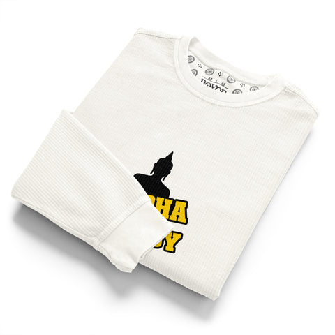 Folded ivory Buddha Is My Homeboy cord sweatshirt with part of its single chest print visible.