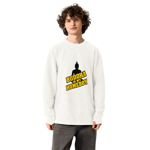 Model wearing the ivory Buddha Is My Homeboy oversized cord sweatshirt, viewed from the printed front.