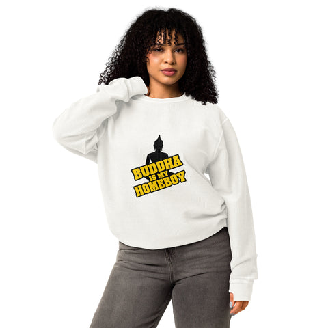 Second model wearing the ivory Buddha Is My Homeboy oversized cord sweatshirt with its single front print visible.