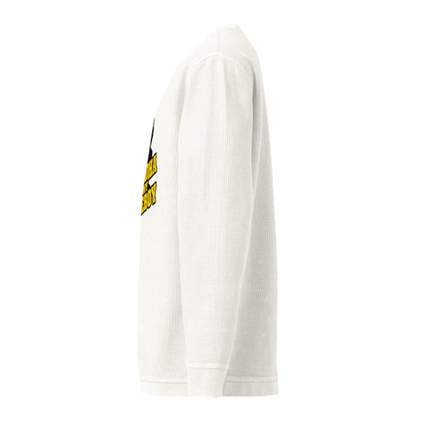 Side view of the ivory Buddha Is My Homeboy cord sweatshirt with an unprinted sleeve and the edge of its single front print.