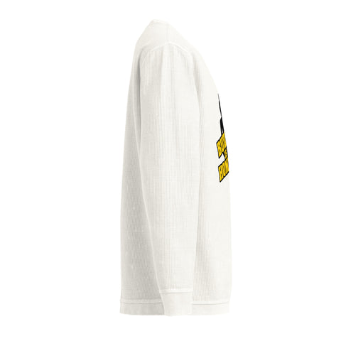 Opposite side view of the ivory Buddha Is My Homeboy cord sweatshirt, showing its unprinted sleeve and textured fabric.