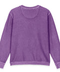 Flat-lay view of the unprinted back of the purple Buddha Is My Homeboy cord sweatshirt.