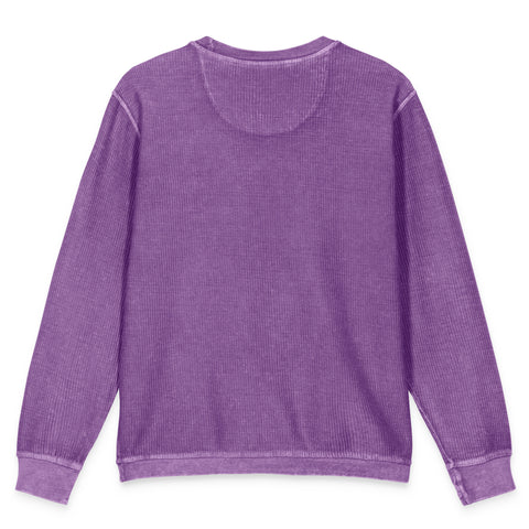 Flat-lay view of the unprinted back of the purple Buddha Is My Homeboy cord sweatshirt.