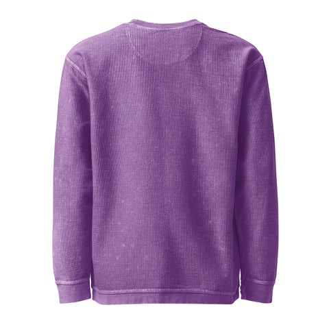 Unprinted back of the purple Buddha Is My Homeboy oversized cord sweatshirt, showing its textured cotton fabric.