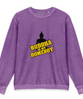 Flat-lay front view of the purple Buddha Is My Homeboy cord sweatshirt with one chest print.
