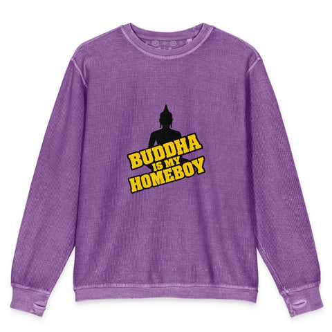 Flat-lay front view of the purple Buddha Is My Homeboy cord sweatshirt with one chest print.