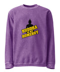 Front of the purple Buddha Is My Homeboy oversized cord sweatshirt with one black Buddha and yellow lettering print.